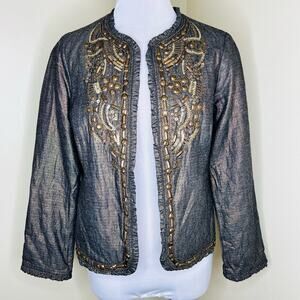 Chico's Jacket Small Beaded Studded Ruffle Chambray Embellished Metallic Gold